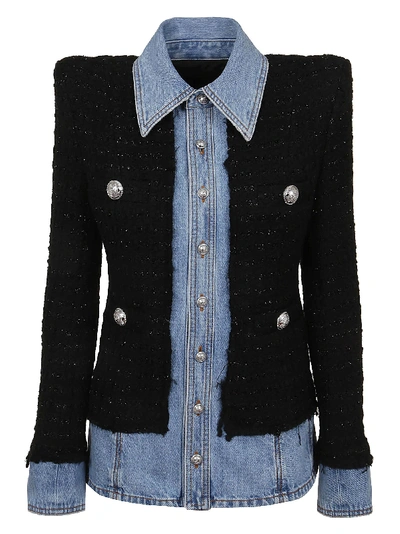 Shop Balmain Layered Denim & Tweed Jacket In Sca Bleu Jean Noir