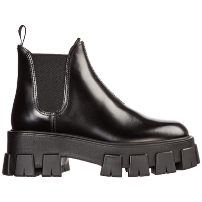Shop Prada Leather Heel Ankle Boots Booties Monolith In Nero