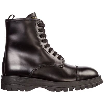 Shop Prada Leather Combat Boots In Nero