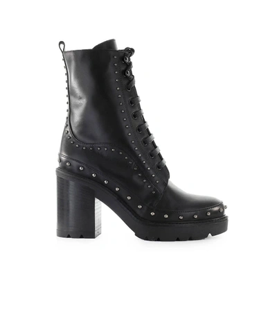 Shop Pinko Carezza Black Leather Heeled Combat Boot In Black (black)