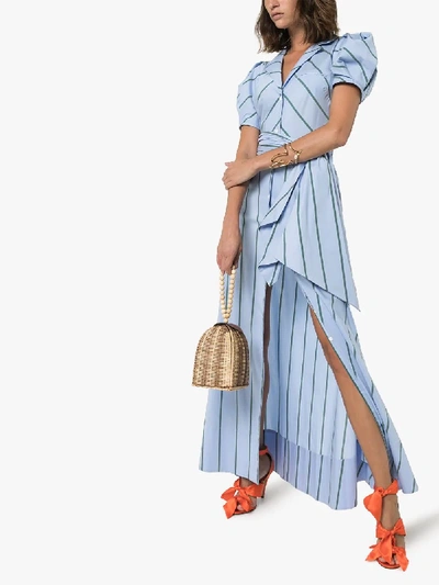 Shop Rosie Assoulin Pouf Sleeve Striped Dress In Blue