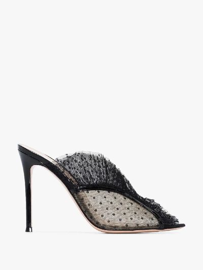 Gianvito Rossi 105 Ruffled Point D'esprit And Patent-leather Mules In Black  | ModeSens