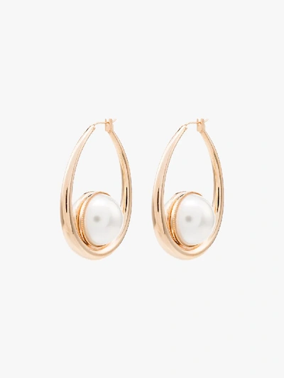 Shop Anton Heunis Gold Tone Pearl Oval Hoop Earrings In White
