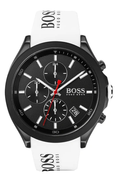 Shop Hugo Boss Velocity Chronograph Rubber Strap Watch, 45mm In White/ Black
