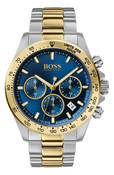 Shop Hugo Boss Hero Chronograph Bracelet Watch, 43mm In Silver/ Blue/ Gold
