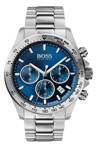 Shop Hugo Boss Hero Chronograph Bracelet Watch, 43mm In Silver/ Blue/ Silver