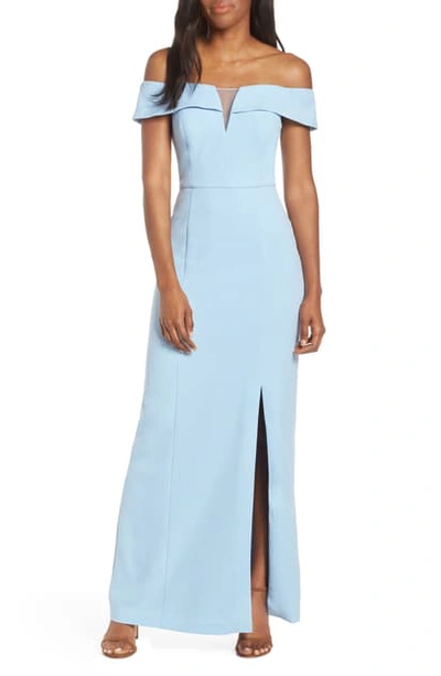 Shop Vince Camuto Notched Off The Shoulder Crepe Gown In Light Blue