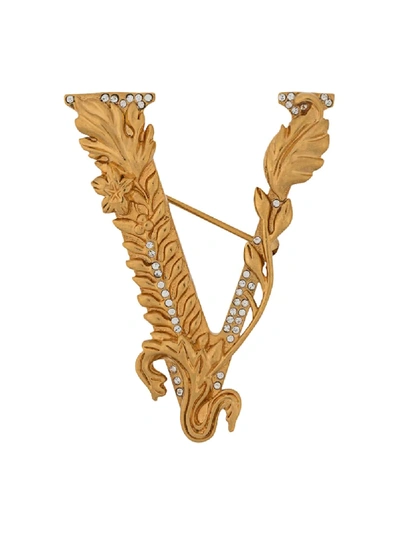 Shop Versace V Leaf Logo Brooch In Gold