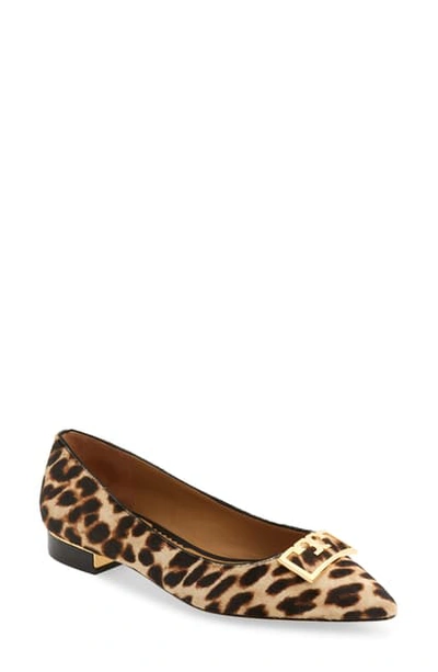 Shop Tory Burch Gigi T Logo Pointy Toe Flat In Brown Leopard Print
