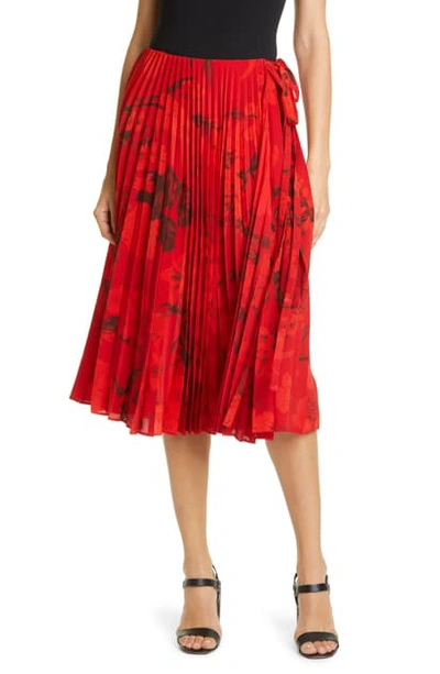 Shop Valentino Pleated Floral Print Silk Crepe De Chine Wrap Skirt In Red Floral