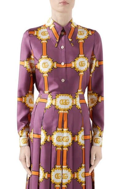 Shop Gucci Gg Doubloon Harness Print Silk Twill Blouse In Violet/ Orange Print