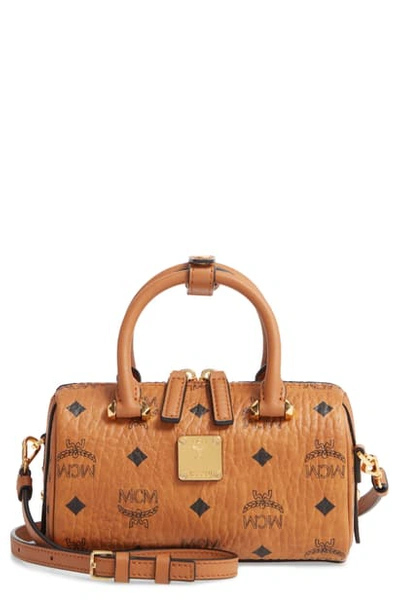 Shop Mcm Essential Boston 18 Visetos Coated Canvas Satchel In Cognac