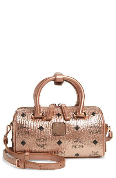 Shop Mcm Essential Boston 18 Visetos Coated Canvas Satchel In Champagne Gold