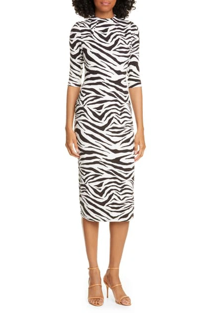 Shop Alice And Olivia Delora Animal Print Mock Neck Dress In Tiger Soft White/ Black