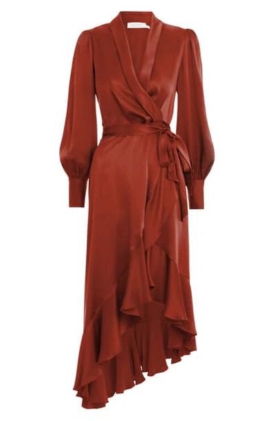 Shop Zimmermann Espionage Long Sleeve Silk Wrap Dress In Rouge