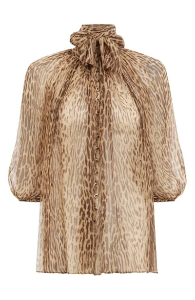 Shop Zimmermann Espionage Leopard Print Tie Neck Silk Blouse In Animal