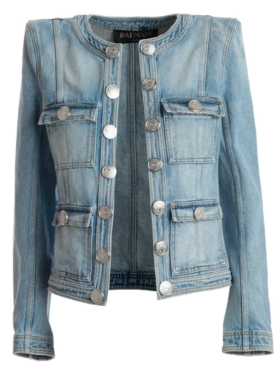 Shop Balmain Jacket Denim In Fc Bleu Jean Clair