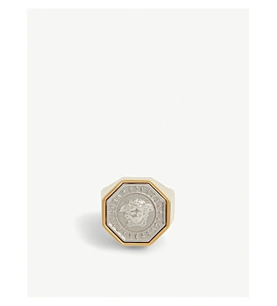Shop Versace Octagon Medusa Ring In Gold Silver