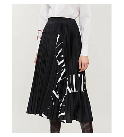 Shop Valentino Logo-print Pleated Stretch-jersey Midi Skirt In Black+ivory