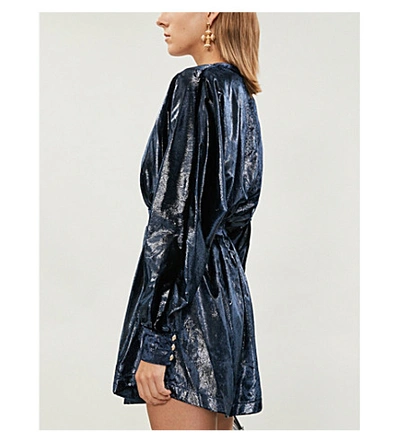 Shop Balmain V-neck Velvet Mini Dress In Blue