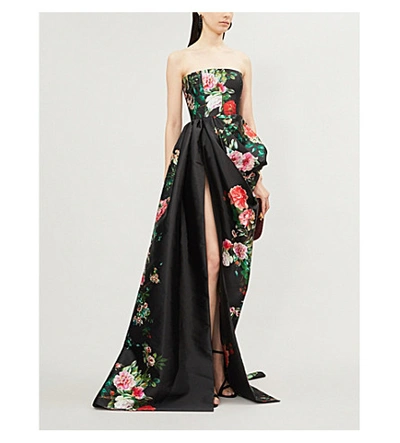 Shop Alex Perry Floral-print Strapless Satin Gown In Black Floral