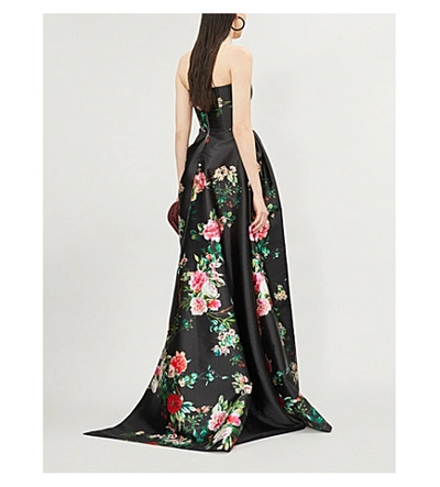 Shop Alex Perry Floral-print Strapless Satin Gown In Black Floral