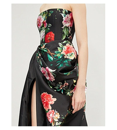 Shop Alex Perry Floral-print Strapless Satin Gown In Black Floral