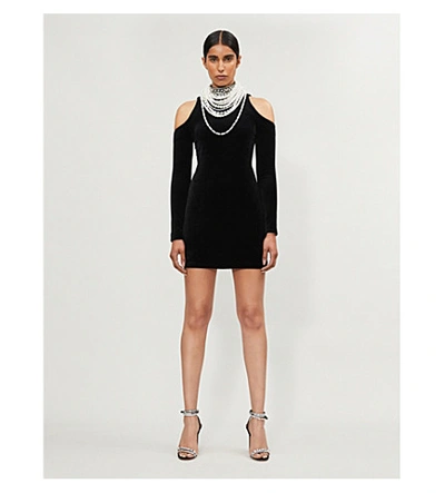 Shop Balmain Faux-pearl And Diamond Embellished Velvet Mini Dress In Black