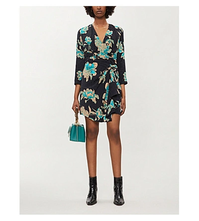 Shop Sandro Printed Wrap-over Satin Mini-dress In Black