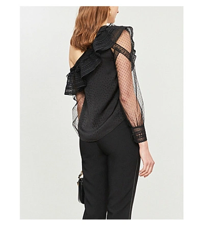 Shop Self-portrait Cold-shoulder Lace-trimmed Ruffled Crepe Top In Black