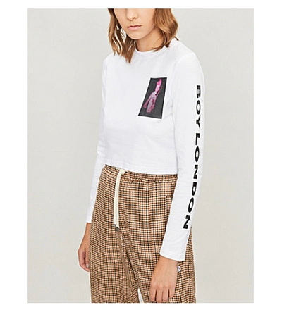 Shop Boy London Graphic-print Cropped Stretch-cotton Top In White