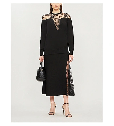 Shop Givenchy High-waist Floral-lace And Crepe Midi Skirt In Black