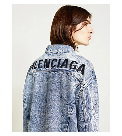 Shop Balenciaga Logo-embroidered Oversized Denim Jacket In Crinkle Wash