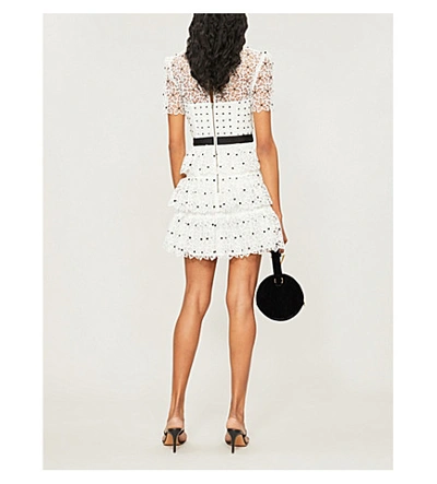Shop Self-portrait Tiered Polka Dot Floral Lace Mini Dress In Ivory