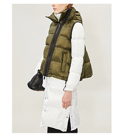Shop Sacai Hooded Stand-collar Padded Shell Coat Gilet In Khaki Wht