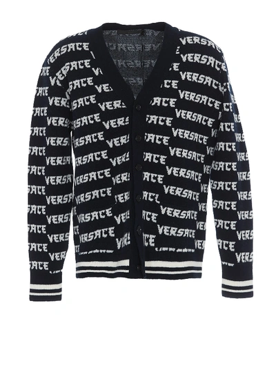Shop Versace Logo And Striped Edges Detail Wool Cardigan In Dark Blue