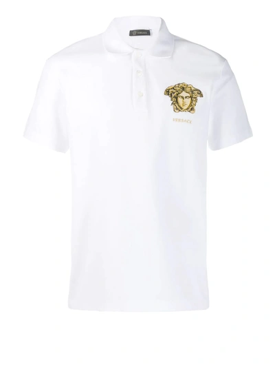 Shop Versace Medusa Embroidery Detailed Polo Shirt In White