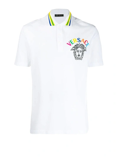Shop Versace Medusa Embroidery Detailed Cotton Polo Shirt In White