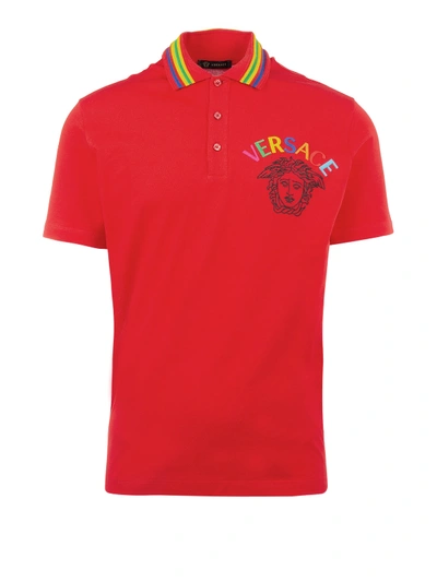 Shop Versace Medusa Embroidery Cotton Polo Shirt In Red