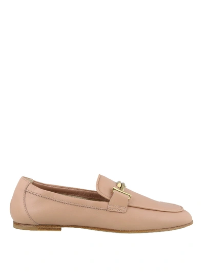 Shop Tod's Metal Double T Detailed Leather Loafers In Light Pink