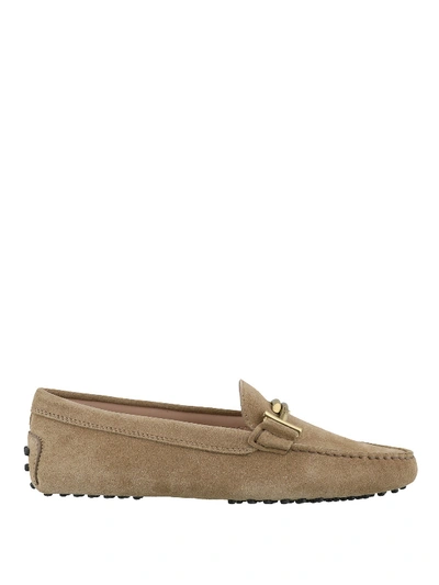 Shop Tod's Double T Detailed Suede Loafers In Beige