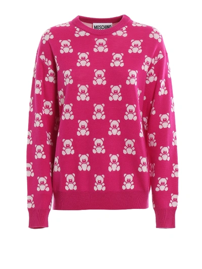 Shop Moschino Teddy Bear Jacquard Wool Sweater In Fuchsia