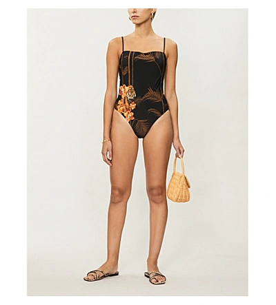 Shop Ted Baker Floral-print Low-back Swimsuit In Navy