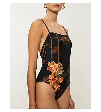 Shop Ted Baker Floral-print Low-back Swimsuit In Navy