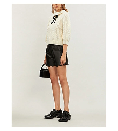 Shop Red Valentino Bow-embellished Cable-knit Wool Jumper In Avorio