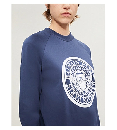 Shop Balmain Coin Logo-print Cotton-jersey Sweatshirt In Navy White