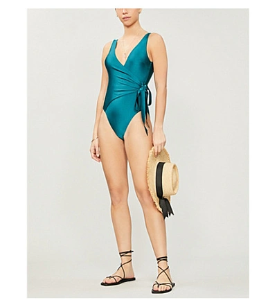 Shop Zimmermann Allia V-neck High-leg Swimsuit In Emerald