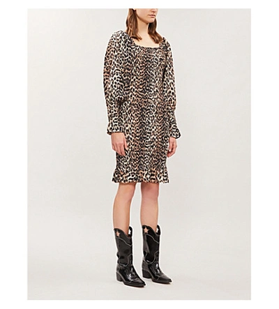 Shop Ganni Puffed-sleeve Leopard-print Cotton And Silk-blend Mini Dress