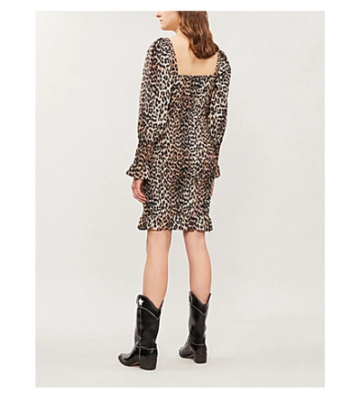 Shop Ganni Puffed-sleeve Leopard-print Cotton And Silk-blend Mini Dress