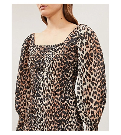 Shop Ganni Puffed-sleeve Leopard-print Cotton And Silk-blend Mini Dress